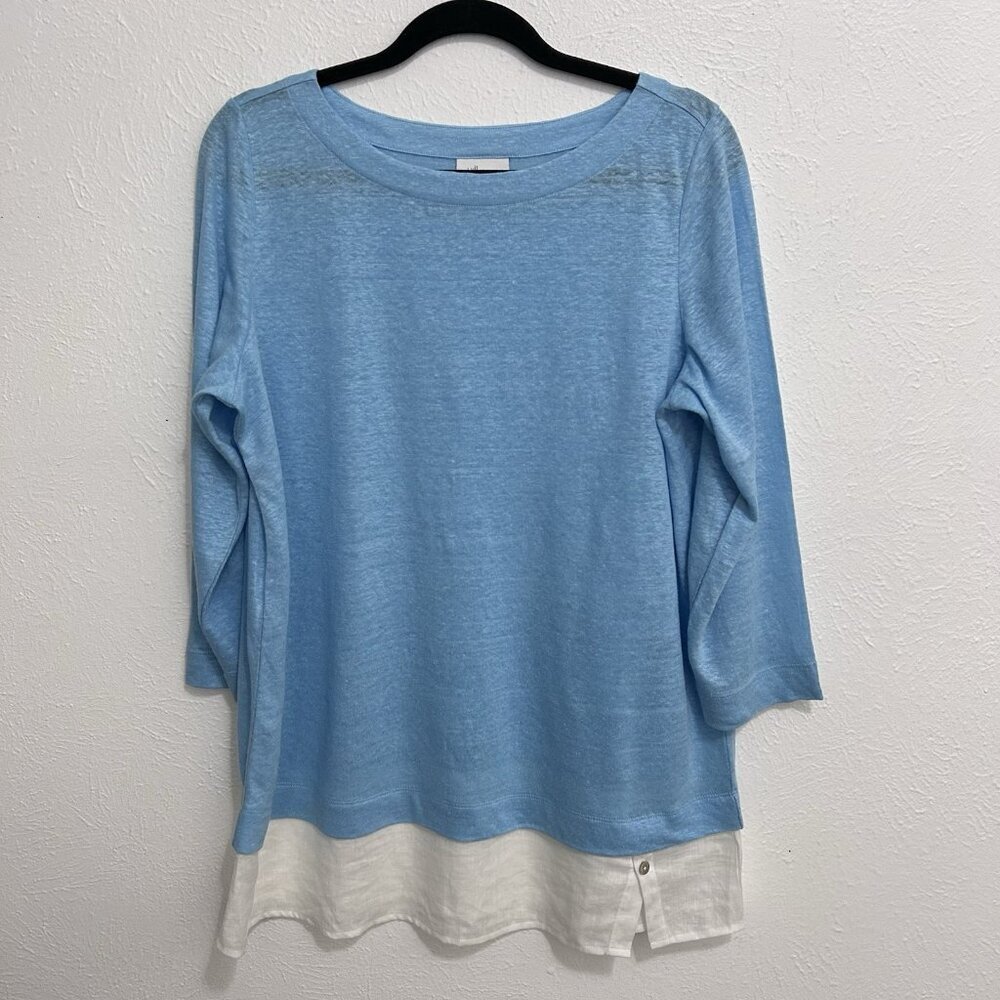 J JILL Love Linen 3/4 Sleeve Linen Blue Mixed Media Layered Look Tunic Top Sz M